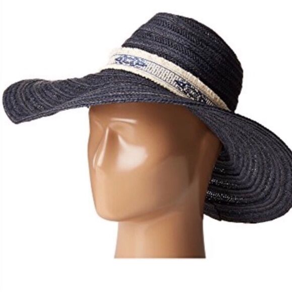 Navy Blue Floppy Wide Brim Aztec White Band Straw Sun Hat San Diego Co NEW - Picture 1 of 4